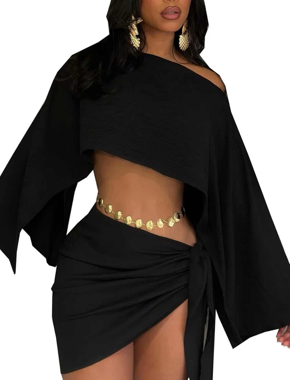Two-Piece Batwing Crop Top Skirt Set